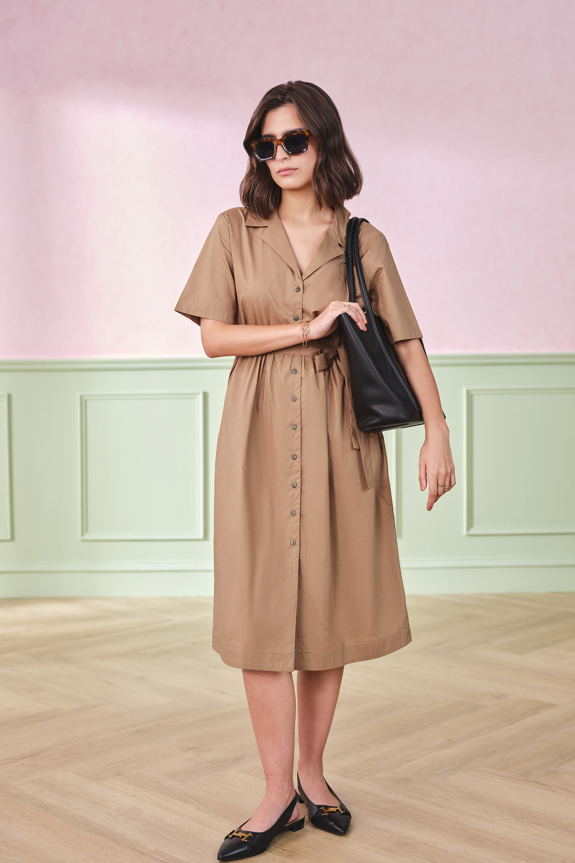 Nancy Camel Cotton Dress, Camel, image 2
